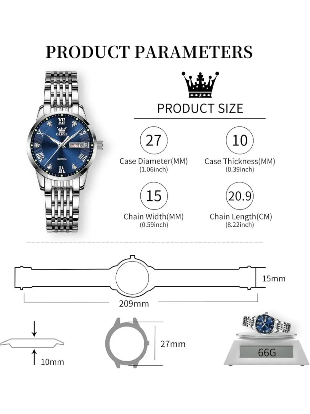 Women's Blue and Silver Analog Quartz Waterproof Stainless Steel Band Watch
